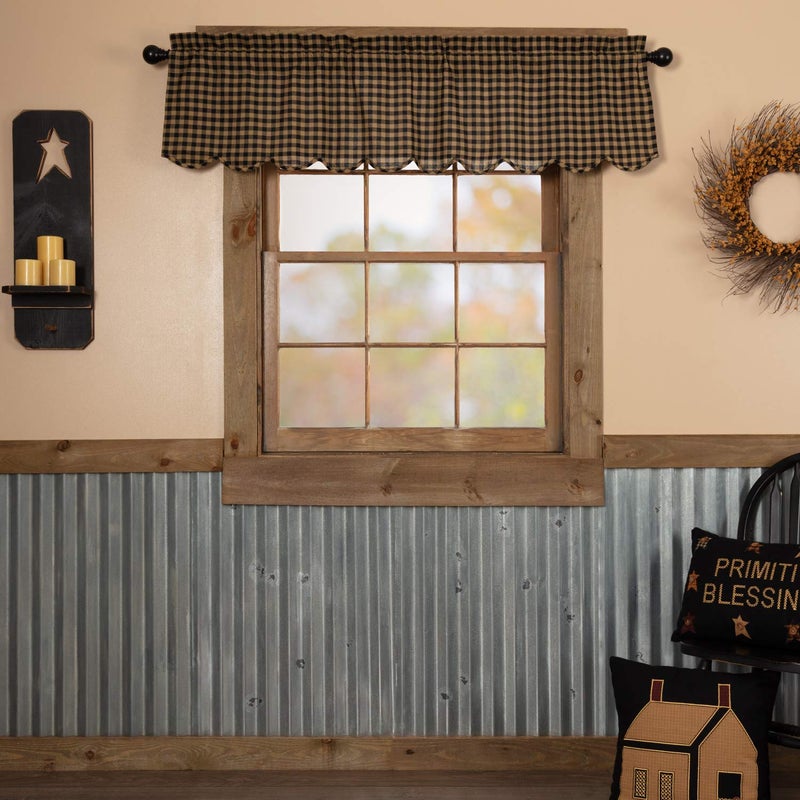 VHC Brands Black Check Scalloped Valance 16x60 Country Curtain, Black and Tan - Image 1